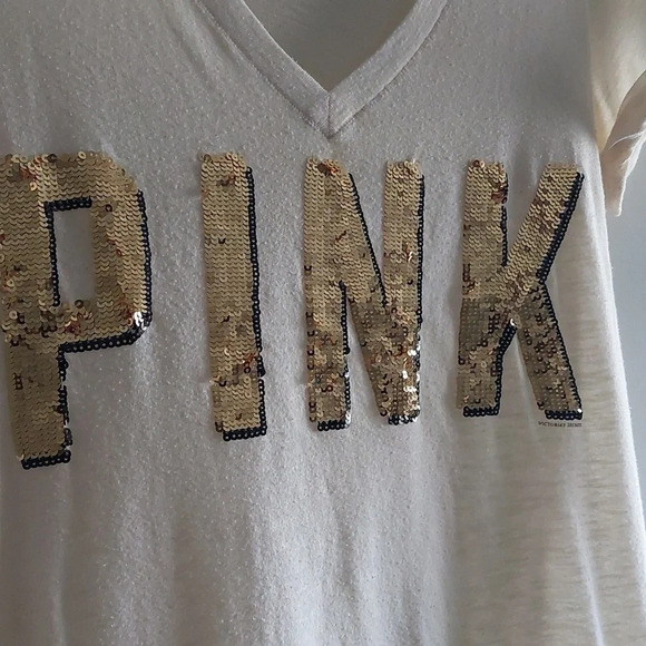 Victoria's Secret PINK Cream sequins bling v neck lightweight t-shirt Medium - Picture 2 of 4